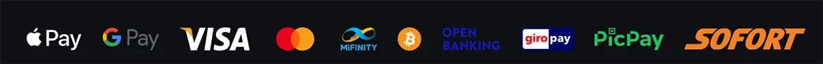Payment methods row displaying Apple Pay, Google Pay, Visa, Mastercard, MiFinity, Bitcoin, Open Banking, Giropay, PicPay, and Sofort on a dark background.