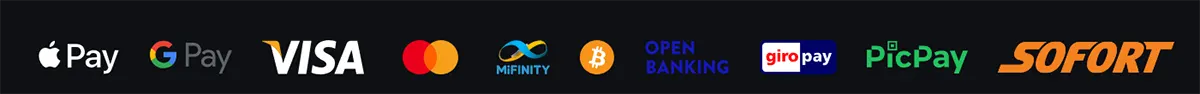 Payment methods row displaying Apple Pay, Google Pay, Visa, Mastercard, MiFinity, Bitcoin, Open Banking, Giropay, PicPay, and Sofort on a dark background.