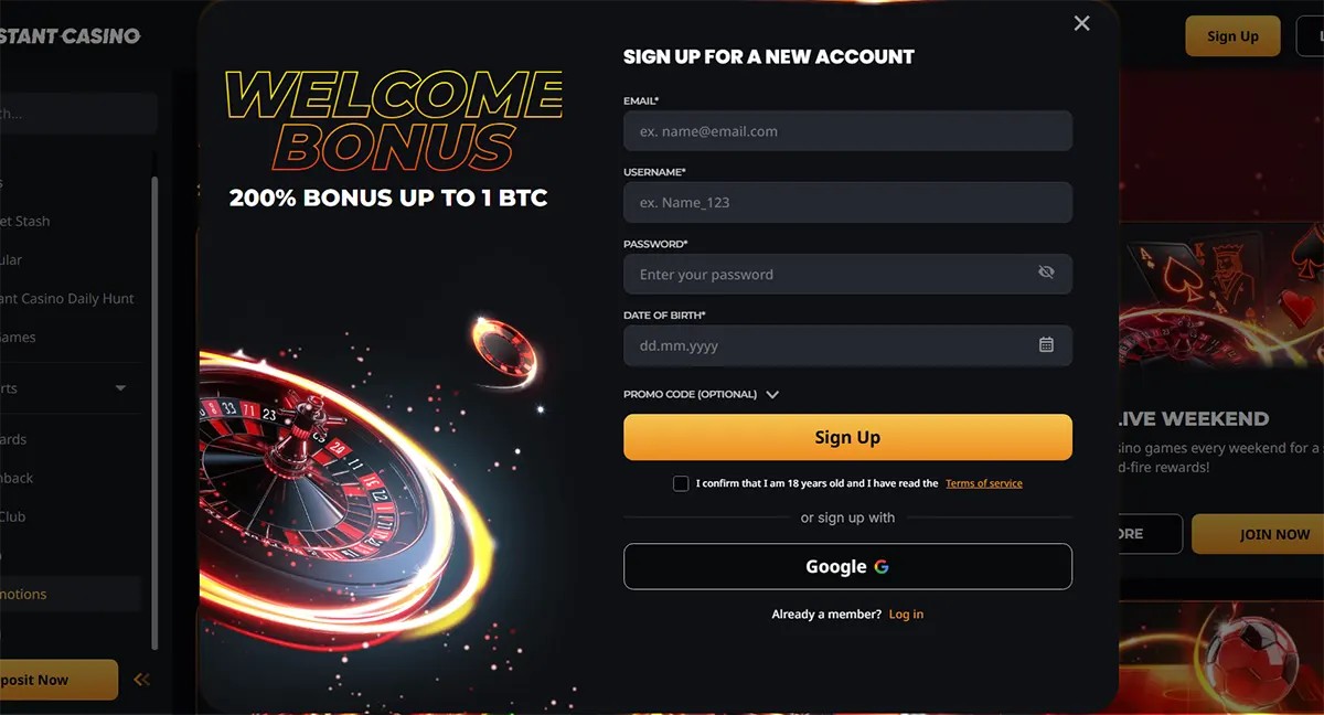 Casino sign-up popup featuring a welcome bonus of 200% up to 1 BTC, with fields for email, username, password, date of birth, promo code, a yellow sign-up button, and Google registration on a dark casino interface.