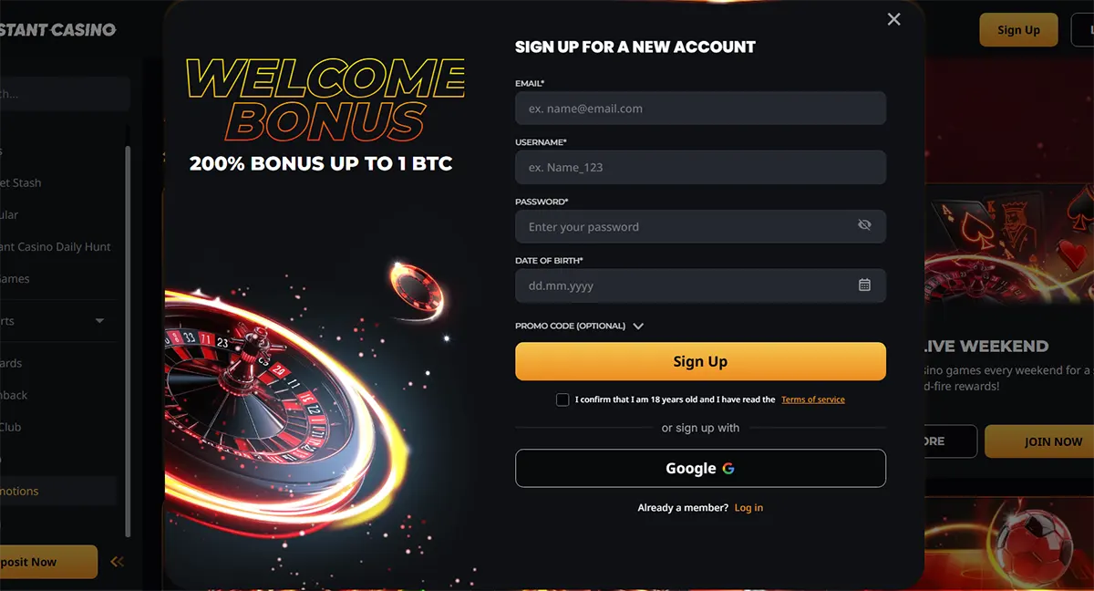 Casino sign-up popup featuring a welcome bonus of 200% up to 1 BTC, with fields for email, username, password, date of birth, promo code, a yellow sign-up button, and Google registration on a dark casino interface.